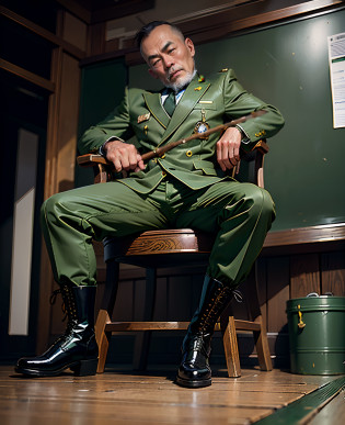 A 50-year-old middle-aged Chinese man sits in a chair?jpn?Chinese man?He wore a pair of army-green riding boots on his legs, Wear riding boots,breeches, Army green blazer, Jacket and boots, Wear tall riding boots, Army green uniform breeches and army green smooth riding boots, Golden decoration?Gold ribbon?golds?Wearing army green boots,Cool shoes, massive boots, wearing kneesocks,, Wear uniform formal attire, Wearing an army green suit?Army green tie?Army green back?Back head?Black color hair?largeeyes?With a whip in his hand?tom of finland style?Wearing riding boots