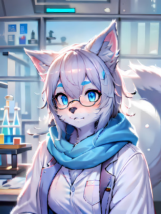 Anime character with arctic fox ears wearing lab coat and blue scarf,arctic fox?Fluffy blue fur and blue tail,Wear half-rimmed glasses,Arctic fox beauty in lab coat,  Fox scientist?inside the lab, professional furry drawing