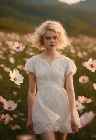 Very short hairstyle,Little fat girl,Cosmos Field,(((Cosmos blooms profusely))),(((cosmos))),Autumn sunshine pouring down from behind?The atmosphere of Elle Fanning,tiarra,cotton dress,(((thighs thighs thighs thighs))),bare-legged,white  hair,Curly,angry looking face,12-year-old girl,short-haired,soft sunlight,(((birdseye view))),Sauce order,up of face,Kamimei,(((hitornfreckles))),medium close-up
