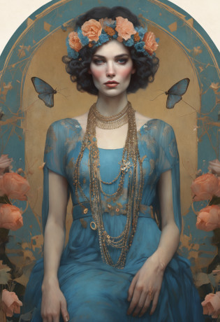 Close up portrait of woman in blue dress and flower crown, mucha klimt and tom bagshaw, Tom Bagshaw Art Style, tom bagshaw style, Portrait of Tom Bagshaw, Tom Bagshaw, Tom Bagshaw, Beeple and Jeremiah Ketner, Beeple and Alphonse Mucha, Tom Bagshaw ) ) ),fantasy