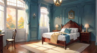 Realistic early morning lighting, Bedroom scene?carpets?Luxury bed?Study desk?The bedroom has light from the window? morning lighting, the morning sun, illusory engine ;Sunshine in the early morning hours, morning lighting,In the daytime?Morning?Well-lit room
