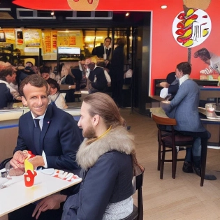 Imagine Emmanuel Macron, the French president, in a fast food restaurant. He's sitting, smiling and relaxed, enjoying a burger. The fast food is bustling with other customers and employees. The image is colorful and cheerful, reflecting an atmosphere of expanse. This representation highlights accessibility and connection with citizens.