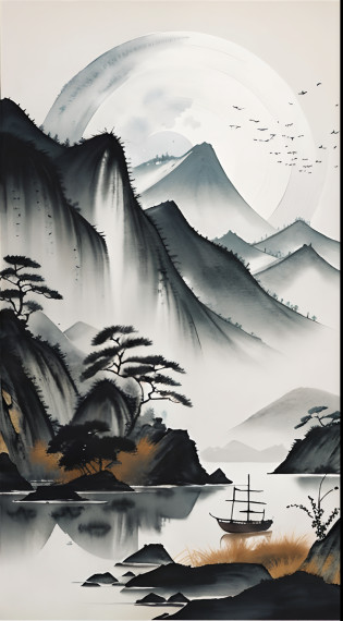 ink and watercolor painting?Draw on rice paper?Use thick, Light ink to create shading variations and layers?Choose the right ink color?Such as deep black?Thick gray?Light coffee, etc?Express different situations and atmospheres?Control the gradient and transition of ink color by the humidity and consistency of the ink?mont?Eau?the trees?Snowflakes flying in the sky?Lake surface?Small broken boat?Bleak, Desolate, We have?A huge full moon rises over the horizon?eventide?wide wide shot?Cool moonlight?Black and white tones?The background is a snowy scene,There are dead trees on both sides of the picture? Traditional Chinese Ink Painting, Traditional Chinese art, author?Guo Xi, author?Ma Yuanyu, Traditional Chinese painting, author?Xu Xi, author?Luo Mu, author?Yang Buzhi, author?Li Kelan, author?Gu An, Ink painting ) ) ) ), Chinese ink painting, Chinese painting style