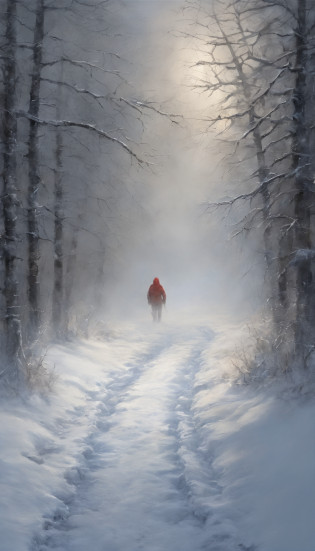 snow landscape?Back shadow??The girl who left turned her back to the audience:1.1???? the scene is????cabelos preto e longos?Wear a red cotton coat?Black boots?Go into the distance?Heavy snowfall?Roads to distant places?Trees wither in winter?blanketed in a mantle of snow?Winter tones?somber mood?The vista is a mountain??Snowflakes drift in the endless sky??8k�wallpaper?cinema4d?Cinematic lighting effects?light and shadow effect?Tyndall?rendering by octane?White balance?Unreal 5?Extremely detailed picture?light particules?depth of fields?tmasterpiece?realisticlying
