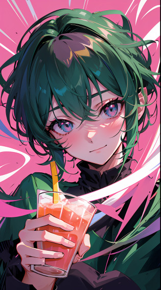 This is a close-up shot showing a female anime character holding a drink. The palette of pink and green is used to create a vibrant yet bleak atmosphere. The drink held by this character is lime-themed with a sharp thrill. The whole picture presents beautiful color art! But there is some hostility and malice in it, and he may have the qualities of a 