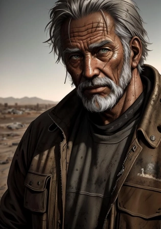 epic realistic, closeup, high-quality artwork of a oldman (rugged survivor:1. 2) in a (post-apocalyptic:1. 2) wasteland, that pops with color against the (desolate, barren:1. 1) landscape, (dark shot:1. 22), (intricate), (artstation:1. 2), hyperdetailed
