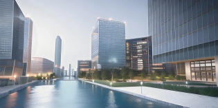 city center public park, modern landscape architectural design for industrial, water in the middle