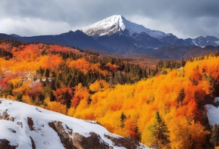 A photograph of a breathtaking mountain vista in autumn, vivid colors of the foliage contrasted against the rugged snow-capped peaks, photorealistic, ultra-detailed, 8k, national geographic