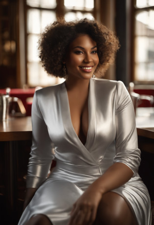 Photo brute, (effet large:1.2), afro-american:1.3, detailled eyes:1.1, DSLR, softlighting, (cheveux noirs:1.1), sitting in an office with a cup of coffee, Photo of Belle fille m�tisse, attractive, A mixte -peau de race, Photo dans le bureau assise , curly hair, High detail, mise au point nette, dramatique, Real photo of a beautiful 22-year-old M�tis woman, Huge- breasts, charme, realistic skin, realistic face, sauvage, en forme, extase (beautiful detailed  eyes), (beste-Qualit), (super detailed), (face detailed), (pose dynamique), Canon EF 85mm f/1.2 L II USM, A woman sitting with her coffee in a restaurant, with a white jacket and red lips, Focus sur l'expression du visage, sitting in a Parisian caf�, photo-realistic, ultra-realistic, ((Realistic natural skin texture) ), sourire, jeune fille de belle et souriante 22 ans, LONGS CHEVEUX NOIRS, seductive face, Sparkling eyes, Well-dressed woman, (d�collet�), Specificities (Textures ! , cheveux! , Briller, Couleur!! , beste-Qualit, Lumpy, ultra fou, natural lighting, pose dynamique, Hyperrealistic, realistic lighting, high contrast, Perspective dramatique, thin very curved eyebrows ,Regarder le spectateur, Lie huge smile, ((peau claire,):1.4), gros seins, objectif zoom 200 mm f/1.4 (photoreallistic:1.2) (beste-Qualit) (detailed skin:1.3) (Complex detail) (8k) (Hdr) (Film analogique) (Canon D5) (Lighting kinematics) ( mise au point nette), perspective dramatique, natural lighting, volumetric shading, pose dynamique, Hyperrealistic lighting, Realstic, portrait, femme attrayante, Afro-American girl, gros seins naturels, grosses hanches, gros cul, (grain du film :1.1) , (Dressed in a silver satin dress, Sans manches:1,3)), (Silver satin dress), (Very thick posts) Souriant, Porter un haut de marque (Very thick bust),Seins naturels gigantesques, tattoos and piercings, Grosse poitrine, jeune extremement belle, serious mixed-race complexion,