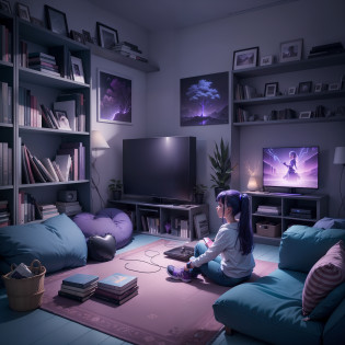 Describe an image for a blue and purple neon-themed Lo-Fi style room with bookshelves, sneakers, and a television featuring a girl playing a video game.

The image depicts a room designed in a soothing and relaxing Lo-Fi style, with a predominant color scheme of soft blues and vibrant purple neon accents. The room exudes a tranquil ambiance, perfect for unwinding and enjoying a leisurely atmosphere.

Adorning one wall of the room are bookshelves filled with an assortment of books in various sizes and colors, creating a visually appealing display. The books add a touch of intellectual curiosity to the space, inviting exploration and contemplation.

Scattered across the floor are stylish sneakers, showcasing a love for fashion and personal style. The sneakers contribute a playful element to the room's aesthetic, adding a sense of youthful energy and self-expression.

In the center of the room, there is a sleek flat-screen television. It emanates a soft glow, illuminating the surrounding area. The television screen features pixelated and retro visuals from a video game, captivating the attention of the viewer. Positioned in front of the TV is a girl, comfortably seated in a cozy chair, fully immersed in her gaming experience. Her focused expression conveys a combination of concentration and enjoyment, as she navigates through the virtual world with a video game controller in hand.

The room is bathed in gentle, diffused lighting, creating a warm and inviting atmosphere. Strategically placed blue and purple neon LED lights enhance specific elements, such as the bookshelves and the television, lending a modern and vibrant touch to the scene.

Overall, this image conveys a sense of tranquility and relaxation while incorporating the aesthetics of the Lo-Fi style. It harmoniously blends elements of intellectual curiosity, personal style, and immersive gaming, offering a glimpse into a space where one can unwind, explore literature, and indulge in the pleasures of gaming.