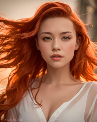 a close up of a woman with long red hair and a shirt, flowing ginger hair, long ginger hair windy, redhead woman, ginger wavy hair, orange skin and long fiery hair, redhead girl, ginger hair, wild ginger hair, beautiful redhead woman, orange glowing hair, flowing backlit hair, red hair and attractive features, flowing red hair, orange flowing hair