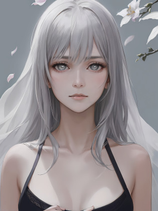 ?model: Kigetsu - Anime / Hentai Checkpoint
?Prompts: (Masterpiece, high resolution, Realistic portrait:1.3), An anime woman with an ethereal presence, Depict a serene sister image, (long layered silvery white hair:1.2), Poured down her back, (Light pink lips:1.1), Gentle and calm, Bangs elegantly outline her face, (Gray pupils:1.4), Exudes a sense of intelligence, Stand in the cold wind, (Realistic portrayal:1.1), Delicate petals dance in the air, (Flower background:1.2), Add a touch of beauty and vulnerability, (Calm and rational expression:1.1), Portraying her calm nature, (Delicate and serene face:1.2), Capture her serenity, The middle shot focuses on her delicate facial features, (Hair that is slightly blown by the wind:1.1), (Background music:1.2), Evokes feelings of calm and introspection.