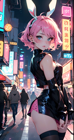cute little bunny loli,(((little loli,small tiny body,petite))),(((6 years old))),((anime little bunny loli with extremely cute and beautiful fuchsia  hair walking down the street)),(((bunny girl,anthro furry cute,bunny-girl))),(((bunny ears,bunny ears on head,big bunny ears))),

(((flat chest))),(((fuchsia hair:1.35,short fuchsia hair,colored inner hair,ear breathing,))),((heterochromia,eye1 fuchsia,eye2 pink,perfect eyes,upturned eyes:1.3,beautiful detailed eyes,finely detailed beautiful eyes:1,big highlight on eyes:1.2,slanted eyes)),(((freckles on the face,freckles,freckled girl))),(((lustrous skin:1.5,bright skin: 1.5,skin tanned,shiny skin,very shiny skin,shiny body,plastic glitter skin,exaggerated shiny skin))),(delicate detailed fingers,detailed body,detailed arms,human hands,(detailed face)),

cute,slutty,,erotic,(((nsfw))),

zettai ryouiki,revealing clothing,show skin,((rave shirt,neon colored shirt,rave mini-skirt,visible thong straps)),(wearing a rave outfit:1.3,rave clothes,semi-naked,with little clothing,),(detailed outfit,detailed clothes),

(dynamic pose:1.0),solo focus,embarrassed,centered,scale to fit dimensions,Rule of thirds,

outdoors,((night view)),(very pretty city neon synthwave,cyberpunk night street Background:1.5,dark sky,thick clouds),future vehicles,((neon lights)),thick clouds,(cyberpunk style,neon lights, (synthwave theme background), lonely street),(((detailed background:1.25))),

(best quality),(high resolution),(sharp focus),(ultra detailed),(extremely detailed),(extremely high quality artwork),8k_wallpaper,(extremely detailed CG 8k),(very fine 8K CG),((hyper super ultra detailed perfect piece)),flawless,(((masterpiece))),illustration,vibrant colors,(intricate),High contrast,Selective lighting,Double exposure,HDR (High Dynamic Range),Post-processing,Background blur,