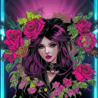 Cyberpunk, Retro Futurism, Flowers, Roses, Detailed Surrealistic Beauty, Vantablack, Sequins, Rim Lighting, sequin, explosion, graffiti , cinematic, 90s comic_book_style, ink_punk_style, 90s comics, style of joe madureira, style of salvadora larocca, lisdusk1, nvinkpunk, lisdusk2,