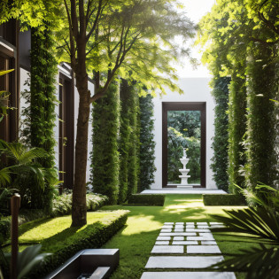 There is a view of a large courtyard with a fountain and a Greek statue, escultura (O discobolus de Miron) , a building, A large open courtyard in an attic, arquitectura grega moderna, paisagem do jardim real, Photos of off-landscape buildings, inspirado em Tadao Ando, Courtyard walkway, Empty building with vegetation, inspirado em arq joao salvador, com um jardim cheio de fetos e plumas em primeiro plano, vibrant greenery outside, jardim exuberante no fundo, renderizado, muito detalhe, 8k, hiper-realismo, Joao Salvador, Foto RAW de uma paisagem, pequenos detalhes, fotorrealista, Foto Ultrarrealista, 8k UHD, DSLR, soft-lighting, alta qualidade, grain of film, Fujifilm XT3, (obra-prima)