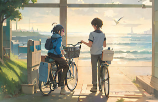 anime scene of two people on bicycles looking out at the ocean, ( ( shinkai ) ), style of makoto shinkai, shinkai. �h 2160, makoto shinkai movie, studio glibly makoto shinkai, shinkai, in style of makoto shinkai, by Makoto Shinkai