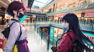 two girls wearing face masks in a mall with a shopping center, in a mall, in magnificent shopping mall, at a mall, on a futuristic shopping mall, appearing in a shopping mall, shopping mall, mall, mall background, people shopping, taken with sony alpha 9, vaporwave mall aesthetic, malls, wide long shot, wide long view