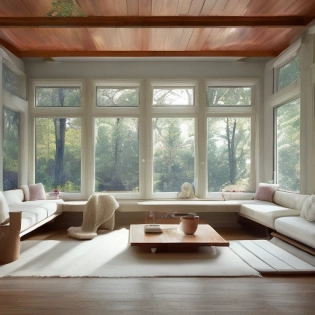 high resolution photography interior design, dreamy sunken living room conversation pit, wooden floor, small windows opening onto the garden, bauhaus furniture and decoration, high ceiling, beige blue salmon pastel palette, interior design magazine, cozy atmosphere