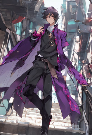 1boy, anime male with long black hair with purple highlights, purple eyes, wearing a short-sleeved violet shirt, black trousers, a short open purple jacket with black sleeves, brown sandal boots with white socks, a metal pendant around his neck, black fingerless gloves, red cloth tied around his waist,
