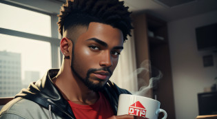 (1 young black man),The face of this young black youtuber is expressive and striking, with strong features and a confident expression. His skin is well groomed and his short, well-made beard complements his modern and cool look. His dark eyes are piercing and convey mystery and suspense, which helps create an atmosphere of tension in his videos of urban legends. His posture is relaxed and secure, which shows his confidence in front of the cameras and contributes to creating a strong connection with his audiencebetter quality, high detail, incredibly delicate and beautiful illustration He is wearing an ordinary red T-shirt and jeans, which reflect his practical and cool style. Its leather strap adds a touch of style to its simple, relaxed look. His short black hair, short beard and light brown eyes catch the attention of his followers, while he holds a cup of hot coffee in one hand and a microphone in the other. He is focused and determined to create quality content for his audience while keeping his posture safe and relaxed, which contributes to creating a strong connection with his followers. In short, he's a successful YouTuber, known for his exciting and engaging urban legends, and his stripped-down style adds a personal touch to his content. High quality 4k image