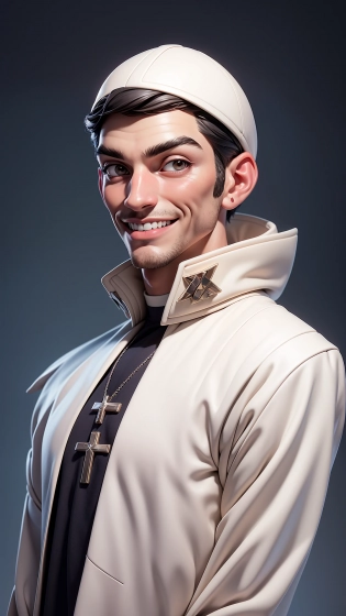3DMM portrait shoot of male Pope smiling, wearing a white inflatable oversized jacket designed by yeezy and balenciaga, sharp focus, clear, intricate, cinematic, glamourous, symmetrical, soft lighting, indirect lighting, vogue, editorial, fashion <lora:3DMM_V11:1>
