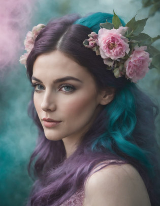beautiful woman in purple smoke with flowers in her hair, in the style of dark turquoise and light pink, national geographic photo, odd juxtapositions, flickr, matte photo (close-up)