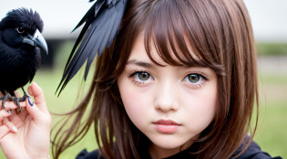 CHILD girl with a black bow and a black dress, girl with dark brown hair, girl with brown hair, black hair ribbons, a beautiful teen-age girl, wearing hair bow, young girl, brown hair and big eyes, half-length photo, photo of young woman, young, beautiful girl, she is about 1 6 years old,  there is a black bird sitting on a wooden rail, long shiny thick black beak, closeup of a crow, cute crows, crows as a symbol of death, crow, crow bird, magpie, crow portrait!!!, black crow, dark crow, is looking at a bird, crows, male, crow, beautiful photo, closeup portrait shot, proud looking away, by Paul Bird