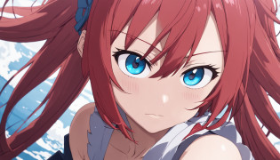 anime girl with red hair and blue eyes looking at camera, Erza Scarlet como uma pessoa real, ela tem cabelos ruivos, cabelos vermelhos carmesim e olhos vermelhos, Estilo anime
