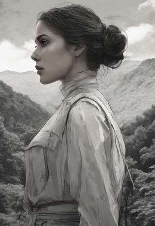 High resolution, Pieza maestra, Alta calidad, a high definition, Focus on a young woman's face, Figura humana, Overlooking the great forest from behind, Mountain landscape, selva tropical, naturaleza, Kali