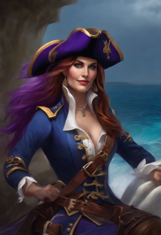 Licorne, Capitaine pirate, sourire, sur un navire, femelle, couleur violette, long back mane three shades of blue that ends in a ponytail, Tenue de pirate, tricorne de capitaine pirate.