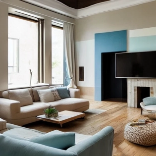 high resolution photography interior design, dreamy sunken living room conversation pit, wooden floor, small windows opening onto the garden, bauhaus furniture and decoration, high ceiling, beige blue salmon pastel palette, interior design magazine, cozy atmosphere