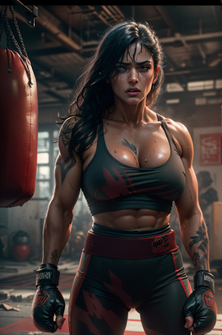 (best quality,highres:1.2),(ultra-detailed),(realistic:1.37),(HDR,UHD),(physically-based rendering), (Salma Hayek as a sexy busty muscle boxing girl in a grungy boxing gym punching a punching bag and sweating heavly ),(cyborg),(topless),(fighting in an abandoned factory),(deadly fighting action),(NSFW), (portraits),(vivid colors),(dark tones),(intense lighting),(metallic textures),(dystopian atmosphere), (neon lights),(dramatic angles),(broken windows),(graffiti),(sparks),(shattered concrete),(intense facial expressions), (sweat dripping),(martial arts),(expressive eyes),(determined looks),(adrenaline),(fierce combat),(sinister backgrounds), (blurry motion),(tattoos),(muscular physiques),(gritty environment),(strong poses)