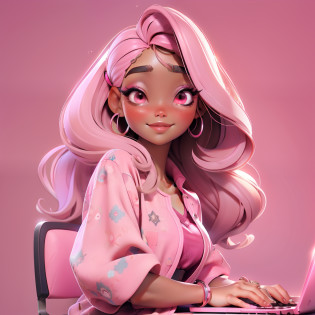 A morden Girl, brown skin, pink theme, sparkling simple make up, sparkling face, sparkling lips, hippie clothes, high quality pictures, her and her computer, nerd, sparkling pictures