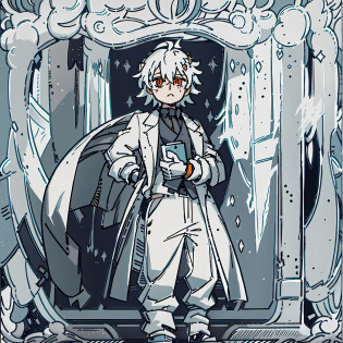 Solo anime character light blue seven-point bangs hair and holding a book, 2D anime style, watercolor nendoroid, anime art style, (doctor), silver hair crazy, confused characters, young anime people, anime style, XQC, anime boy, official doujin art, single standing painting, black cargo pants, single character portrait, white long trench coat, orange eyes, single character, one person, three seven hair type, rear hair convergence, short hair, single portrait, concise
