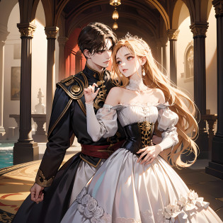 Pareja hetero ,1 Hombre y 1 Mujer, Besando, (Diferencia de altura), cheerfulness, Amar, (abrazar), (La mujer yace en los brazos de un hombre), 1 woman with very long wavy light brown hair, ojos de color dorado, long eyeslashes, rubor, very pale skin, hermosa, delicada, pechos medianos, small waist, Vestido de tonos claros, RococoStyle, Estilo Lolita, Lodress, tacones altos, cuerpo completo, dentro, en el castillo, decoraciones de lujo. 1 Hombre alto, de cuerpo fuerte, (taller than women)cabello semi largo de color blanco, ojos de color rojo, pale-skin, tatuajes en su torso y brazos, half dragon, armadura, guapo, atractivo. Diferente color de cabello, fantasy, primavera, sode, castillo, trono, rey, reina, realeza, nobleza, romantic, fantastical, romance novel cover, hiper detallado, la mejor calidad, arte Oficial, Cara detallada, Ojos extremadamente detallados, Altas Resoluciones, Ultra detallado, Obra maestra.
