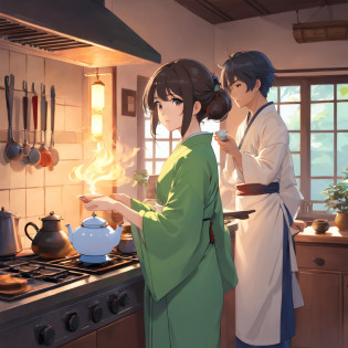 Anime girl in Hanfu standing next to a teapot, Boiling a teapot over charcoal on the stove, Side Body?stove?charcoal fire?teapot?Please wear black cloth shoes?author?author?Qu Leilei, author?Chen Dafu, author?Xia Gui, author?Elephant Kazuyoshi, by Yang J, author?Qiu Ying, author?Chen Jiasui, author?shaggy, author?Xia Yong, author?Yao Tingmei, Drinking tea, By Li Song