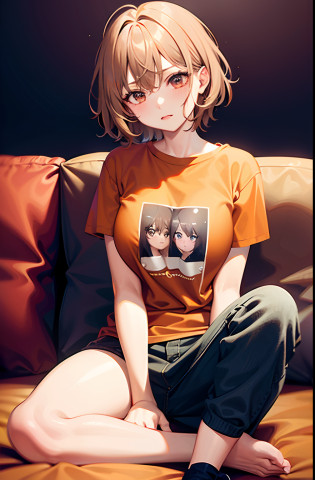 Female, brown hair, older than me, messy hair, new, blonde, Short Hair, orange hair, Lazy, t-shirt, Not wearing pants, Excited face, tired eyes, lazy girl, Sitting on the Sofa, loose hair, big boobs, anime (aegyo sal:1), looking at viewer, full body, facing front, Faceache