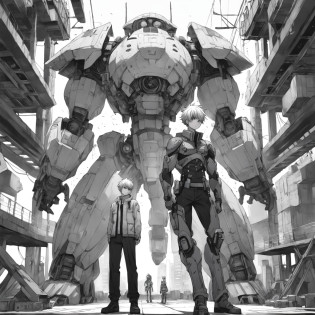 BREAK 2guys, BREAK a highly detailed gray-scale black and white manga drawing of anime guy one with short wavy white hair is A character and a highly detailed gray-scale black and white manga drawing anime guy two with short messy black hair is B character, BREAK a highly detailed gray-scale black and white manga drawing character A and character B are wearing military fatigues standing in front of a massive time machine, BREAK a highly detailed gray-scale black and white manga two panel illustration:0.01, BREAK a highly detailed gray-scale black and white manga drawing wide angle point of view from behind character A and character B, BREAK a highly detailed gray-scale black and white manga drawing wide angle of the time machine is a giant sphere machine inside a large hanger,