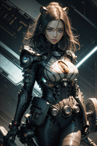 [Detailed illustrations, art based on extremely ideal anatomy, very detailed and detailed drawings, slow and delicate lines, realistic texture expression],((Color tressed lines)),(Artwork with outstanding technique),(Briefing room background),[HENTAI ANIME Girl Japanese Beauty Cyborg 17 years old wild hair] Muscular KARATE ( Mechanical arms (built-in engine: 0.4)),[Black leather jacket] (Black belt: 0.3),((Tiger) (Translucent fitting rubber inner)) (((Tiger stripe))),((Chrome coating))),(Science fiction mechanical bioengineering),((Fine and beautiful skin expression (transparency))),(Perfect and beautiful face,Realistic face details),(Perfect eyes ( Realistic pupil details (beautiful iris drawn in detail) (sharp pupil)),(Perfectly proportioned proportions)),(High-level built design,((Advanced structural understanding)),Ideal color coordination),((Complex decoration (ultra-dense detail))),(Detail,High definition),((Accurate simulation of light-material interactions, Understanding of air flow, mechanically correct expression)),[Ultra-precision detail,High Quality,High resolution,((Multilayer texture))],((Visual art with a sense of narrative)).