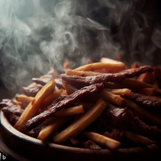 fries made from beef smoky background