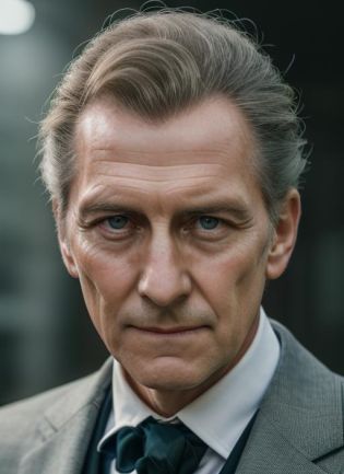 ( <lora:PeterCushingOld:.8>) close up  Portrait photo of (pco1) man with short hair, Detailed face, (perfect green eyes), (realistic matte skin:1.1), perfect body, wearing  ((suit and tie)), Modelshoot style, Professional Photography, soft  lighting, PHOTOREALISTIC, Realistic, standing in dark studio background, blurred background, volumetric fog,. RAW, analog style, sharp focus, 8k, HD, DSLR, high quality, Fujifilm XT3, film grain, award winning, masterpiece,