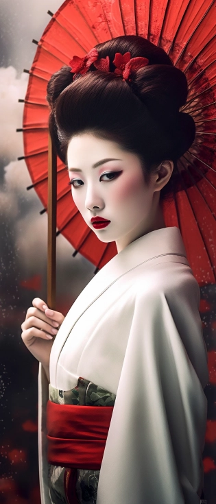 japanesian geisha beautiful image wallpaper, in the style of joel robison, light white and dark crimson, samyang af 14mm f/2. 8 rf, classical figurative realism, 500�1000 ce, sculpted, anime-influenced --ar 9:21 --quality 2 --s 750 --v 5. 1