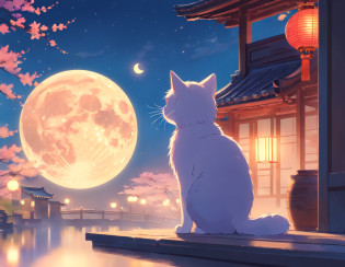 (color pastel:1.3)?(illustration cute:1.3)?(Paiting de acuarela:1.1),?Un gato?1.4?, Apoyado contra la ventana, Mira hacia la luna, La Luna?1.2???Dulce Osmanthus?Linterna Kongming?Menisco?Pastel de luna?1.3???Mid-Autumn Festival Atmosphere?1.3??Kanji chino?1.3??Traditional Chinese illustration style, Arte digital, Fondo simple, Obra maestra sobre fondo blanco, La mejor calidad, Ultra detallado, alta calidad, 4k