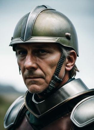 ( <lora:PeterCushingOld:.8>) close up  Portrait photo of (pco1) man with short hair, Detailed face, (perfect green eyes), (realistic matte skin:1.1), perfect body, wearing  ((Sallet helmet, breastplate with faulds, gauntlets with rerebraces,)), Modelshoot style, Professional Photography, soft  lighting, PHOTOREALISTIC, Realistic, standing in dark studio background, blurred background, volumetric fog,. RAW, analog style, sharp focus, 8k, HD, DSLR, high quality, Fujifilm XT3, film grain, award winning, masterpiece,