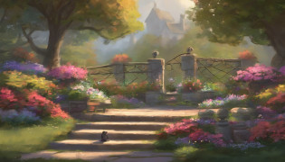 There are small stone chairs to rest in the garden, where all kinds of beautiful flowers have bloomed, along the winding sidewalks. Hyper realistic art work, painting by Thomas Kinkade.