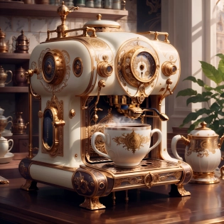 <lora:IvoryGoldAIv2:0. 8> IvoryGoldAI , Steampunk coffee machine, Extreme Detail, Elaborate, Ornate, 16k, UHD, HDR, (Masterpiece:1. 5), (best quality:1. 5), Photorealistic, Hyperrealistic, Hyperdetailed, analog style, demure, detailed skin, pores, matte skin, soft lighting, subsurface scattering, realistic, heavy shadow, masterpiece, best quality, ultra realistic, golden ratio, Intricate, High Detail, film photography, soft focus,