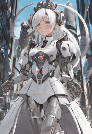 A robotic girl with long white hair and a big pearl in her forehead, dressed in a suit maid outfit, standing proudly in front of a human girl who is her owner