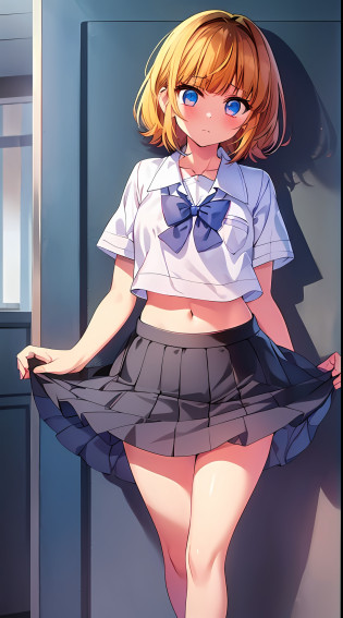 Full Body, Full Body Illustration, Best Illustration, (((Best Quality)), ((Masterpiece)), (Details: 1.4), Anatomical, Award-winning concept art, Beautiful, fine details, portraits, Look at the viewer, ((Show Full Body)), 1 girl, Full body, Solo, 10 years old, Elementary school student, Child actor, Golden and brown hair, Short hair, Blue and pink eyes, Big eyes, Underwear, Panties, Skirt, Pink panties, Wet, Shirt, Wet clothes, Skirt lift, Blush, Classroom, Navel out, Clothes lift,Simple background, Lift yourself, White shirt, Uniform, Look away, Short sleeves, Loli, Skinny, Last scene direction of elementary school, school movie, loli, child, cute,