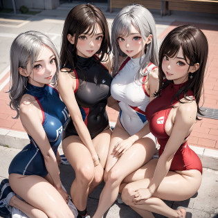 (masterpiece:1.3), high resolution, ultra detailed, extremely detailed CG unity 8k wallpaper, realistic, photo-realistic, RAW photo, beautiful detailed face, pale skin, realistic glistening skin, detailed cloth texture, detailed hair texture, Perfect body, Beautiful Face, accurate, Anatomically correct, Highly detailed face and skin texture, natural neck length, (beautiful hands), (fair skin:1.2), Thin legs, Thin feet, 
BREAK, 
Detailed eyes, symmetric eyes, Light Brown eyes, Double eyelids, Thin eyebrows, (Glossy lips:1.4), (Goddess smile:1.2), 
BREAK, 
(nsfw:1.3), (Classy woman), (((Three girls:1.5))), ((Left girl is wearing a White high neck swimsuits, Middle girl is wearing a Blue high neck swimsuits, Right girl is wearing a Red high neck swimsuits:1.3)), ((Three people are wearing high neck swimsuits of different colors each:1.3)), 
(medium large breasts, slender figure, firm abs, firm breasts:1.2), 
((Left girl is Blonde hair, Middle girl is Brown hair, Right girl is Silver hair):1.2), wavy hair, long hair, ((asymmetrical bangs:1.2)), 
BREAK, 
((Three girls are Sitting on the bench with reaching out foot:1.3)), ((looking down at viewer from above:1.2)), 
((In the School gym at evening:1.2)), (Cowboy shot:1.2),