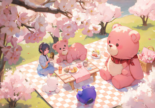 In the Park, Two teddy bears sit on a blanket, Forest Picnic, seasons!! : ? ? ? ?, Have a picnic, official fanart, picnic, Afternoon hangout, high quality fanart, Spring Day, BAPV, wall paper!, Detailed fanart, ???, cute art style, John Park(John Park)(John Park(John Park)), cute detailed digital art, soft anime illustration